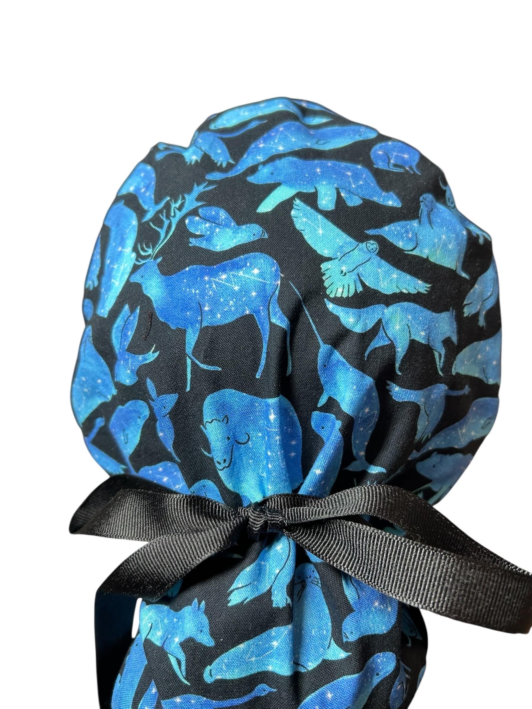 Ponytail scrub cap| Celestial Animals Star print |optional satin lining and mask buttons
