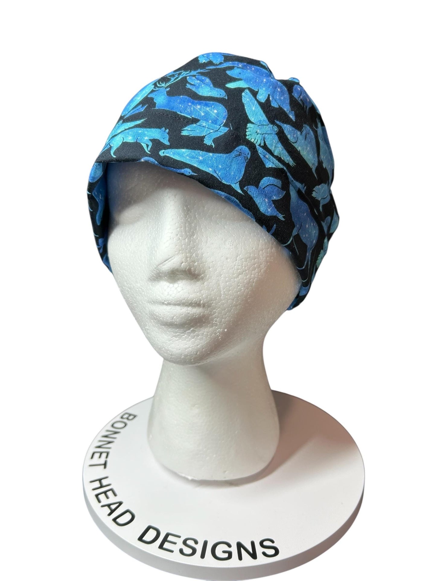 Ponytail scrub cap| Celestial Animals Star print |optional satin lining and mask buttons