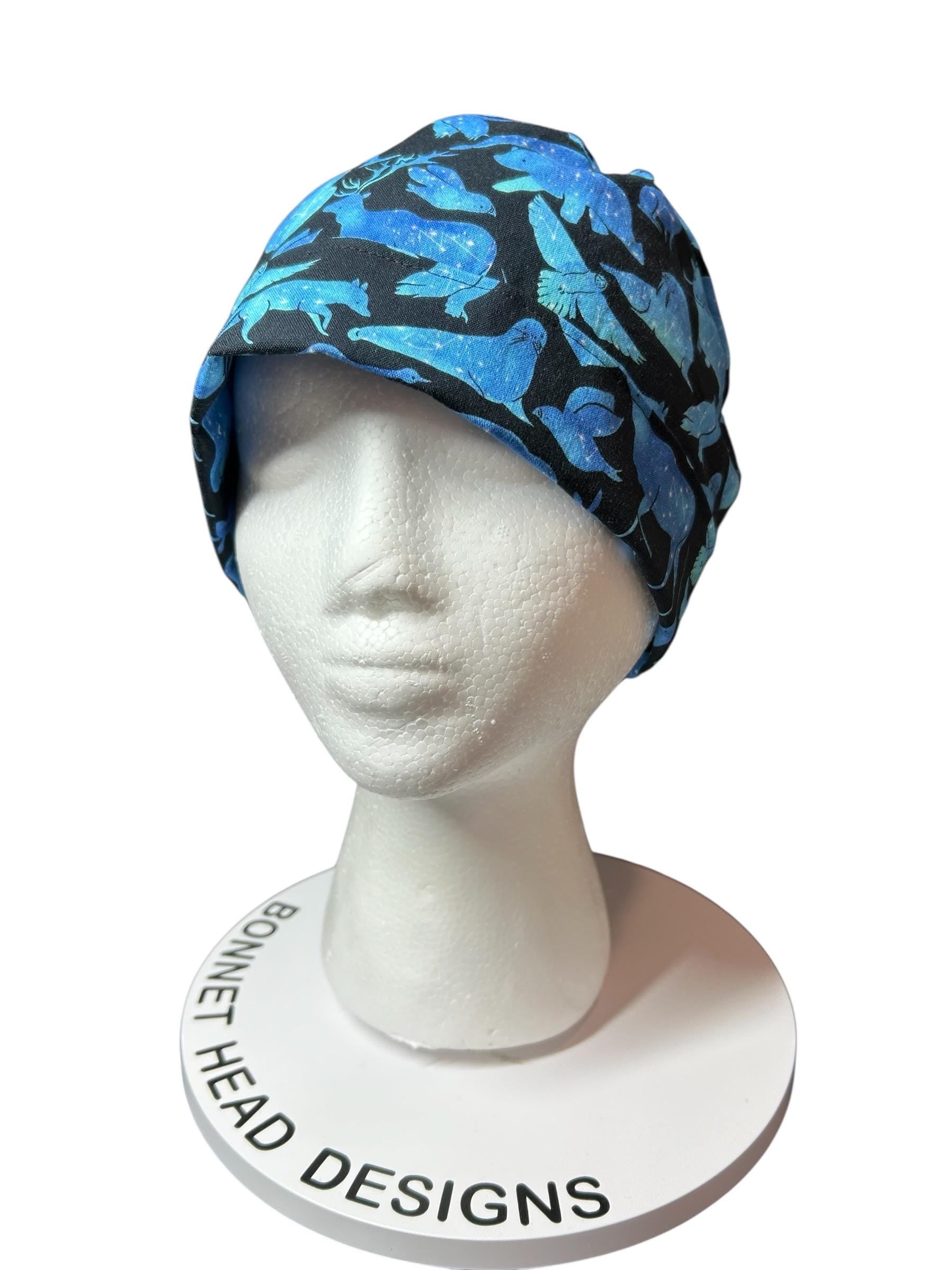 Ponytail scrub cap| Celestial Animals Star print |optional satin lining and mask buttons