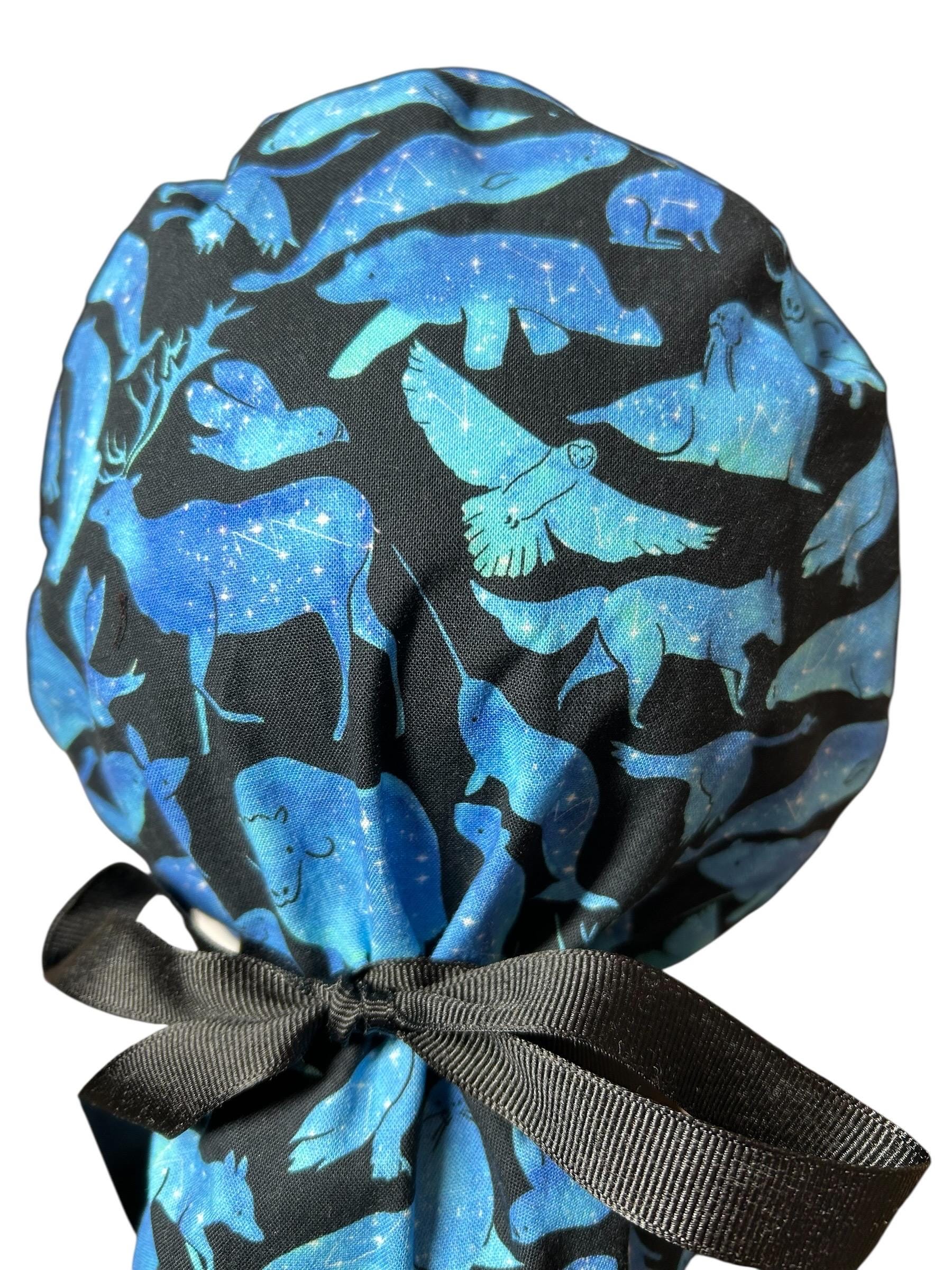 Ponytail scrub cap| Celestial Animals Star print |optional satin lining and mask buttons