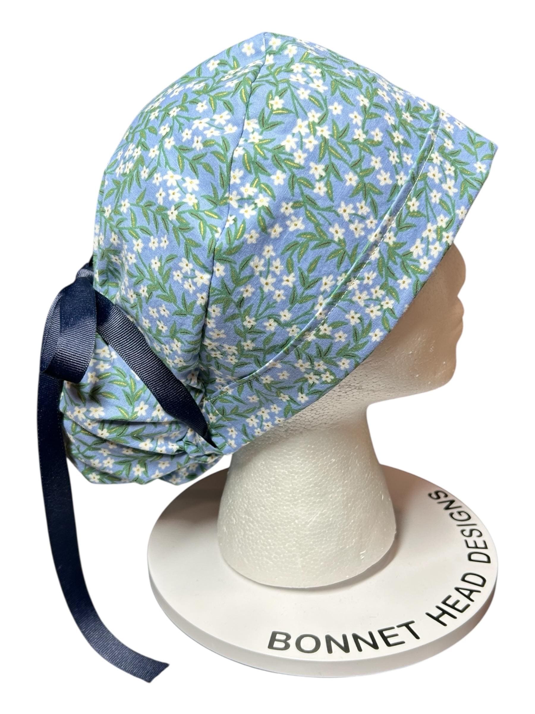 Rifle Paper Co Blue Daphne Ponytail Scrub Cap: women’s scrub hat with ribbon ties