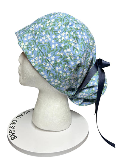 Rifle Paper Co Blue Daphne Ponytail Scrub Cap: women’s scrub hat with ribbon ties