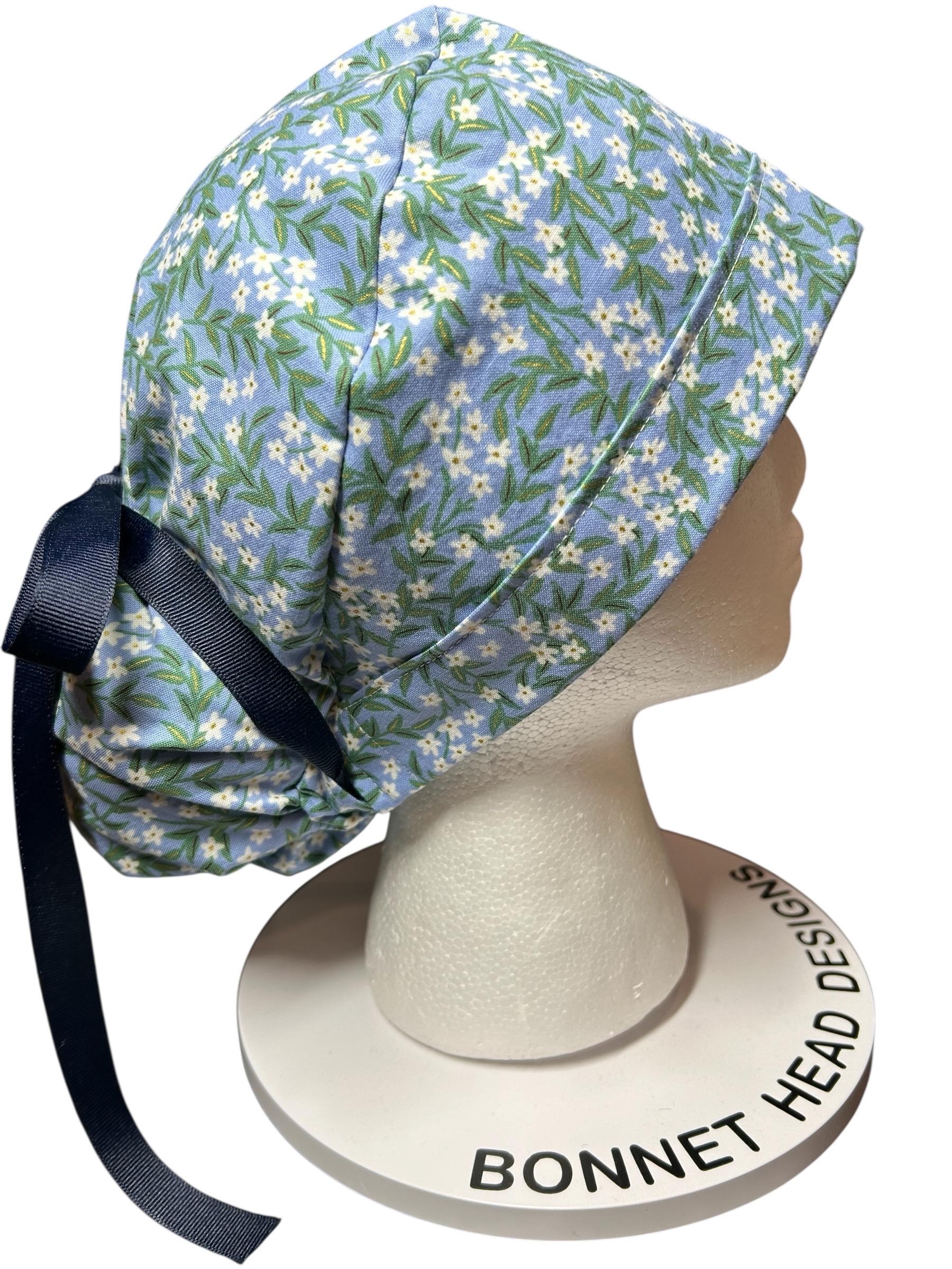 Rifle Paper Co Blue Daphne Ponytail Scrub Cap: women’s scrub hat with ribbon ties