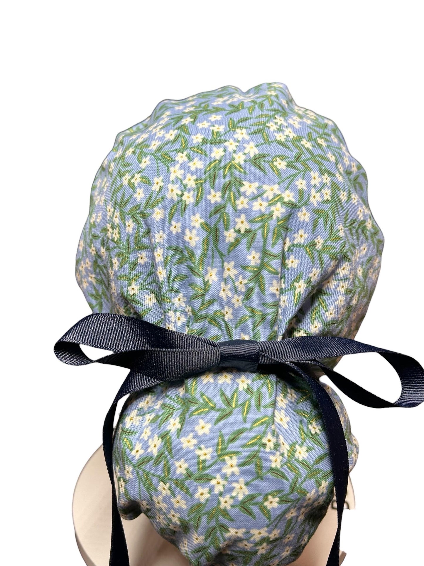 Rifle Paper Co Blue Daphne Ponytail Scrub Cap: women’s scrub hat with ribbon ties