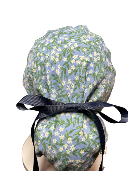 Rifle Paper Co Blue Daphne Ponytail Scrub Cap: women’s scrub hat with ribbon ties