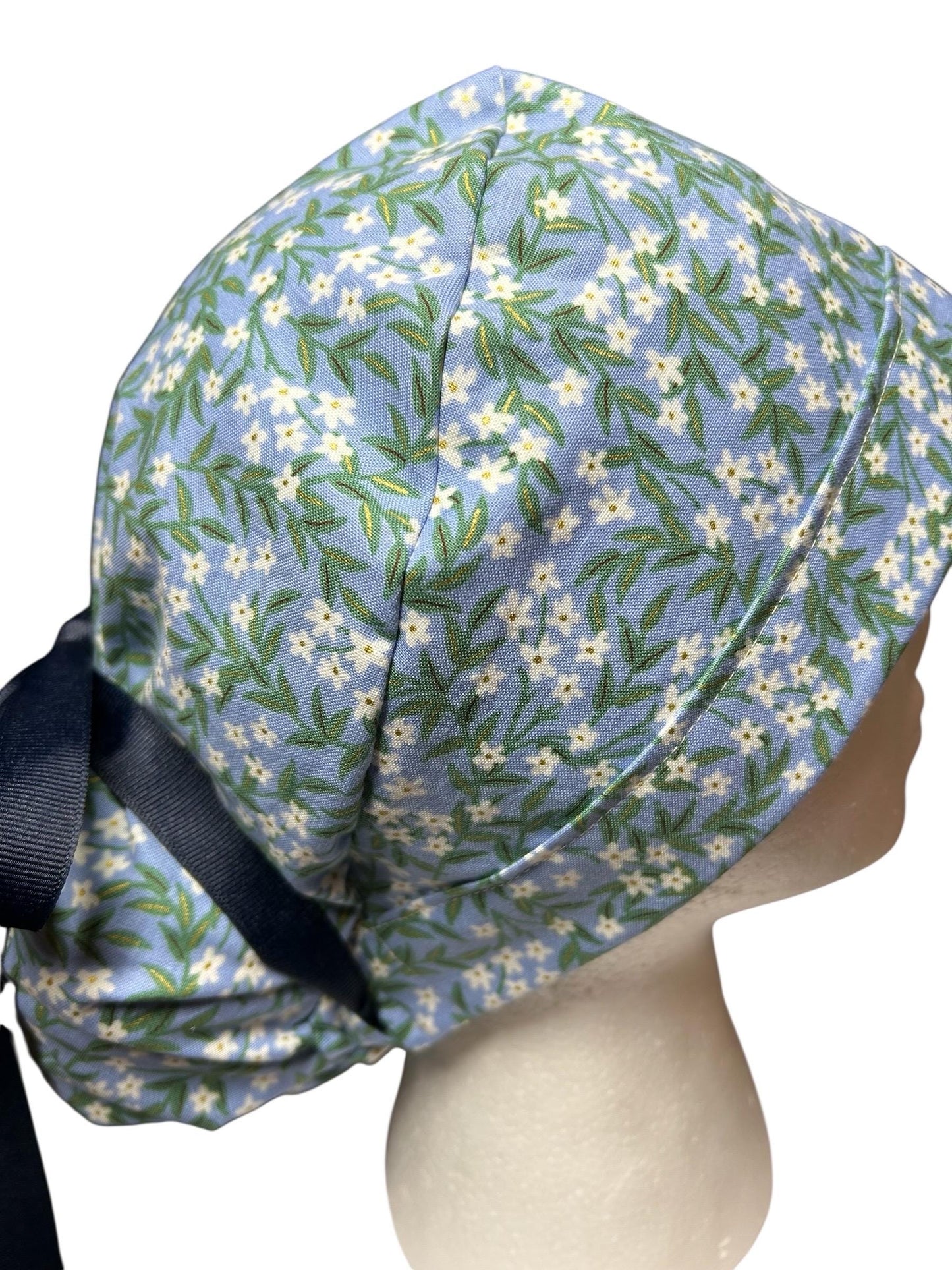 Rifle Paper Co Blue Daphne Ponytail Scrub Cap: women’s scrub hat with ribbon ties