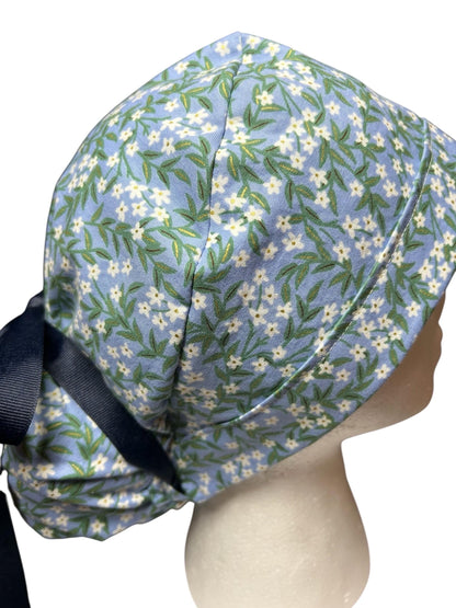 Rifle Paper Co Blue Daphne Ponytail Scrub Cap: women’s scrub hat with ribbon ties