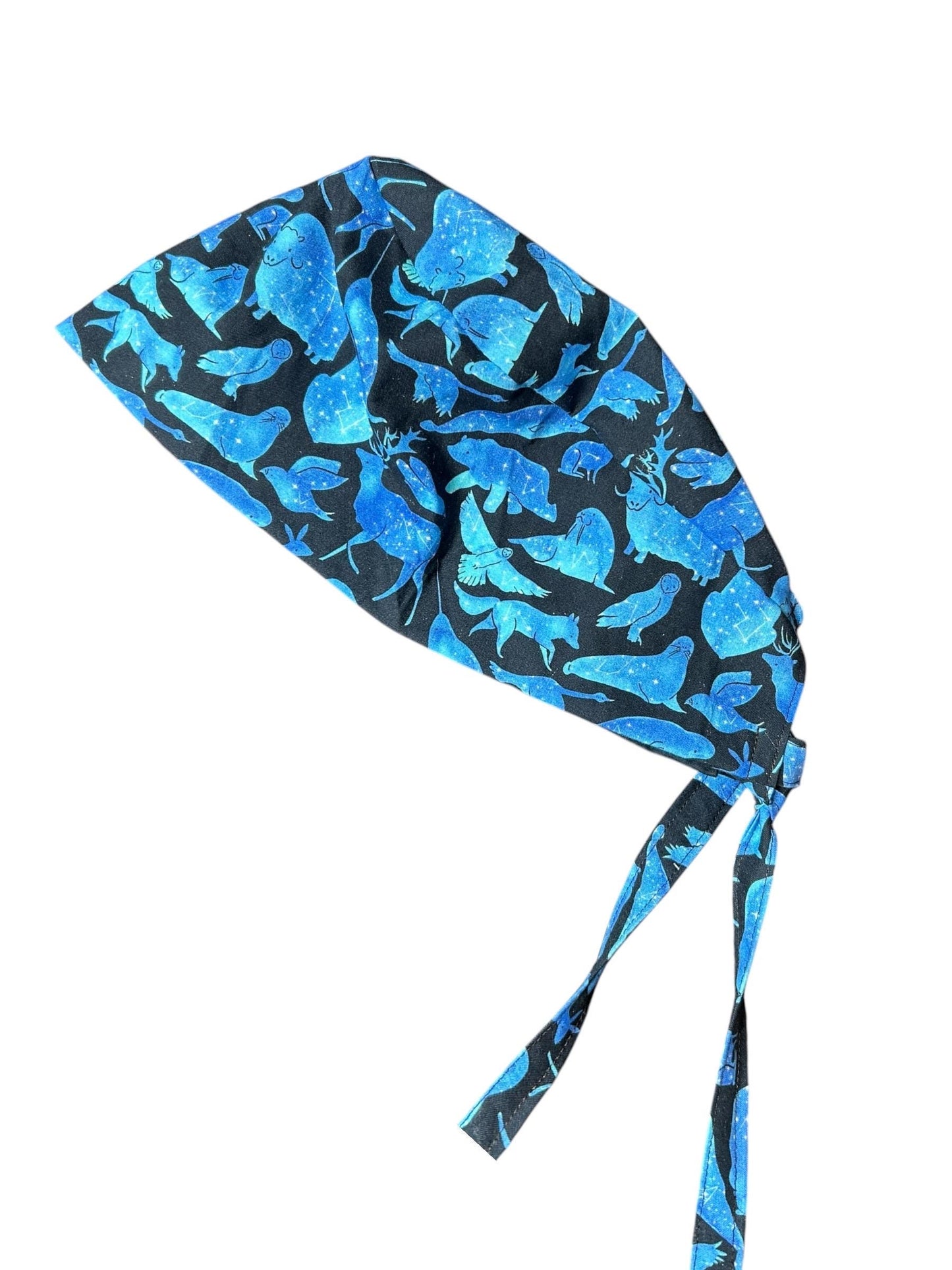 Men’s scrub cap: surgeon style with ties in Constellation Animal fabric