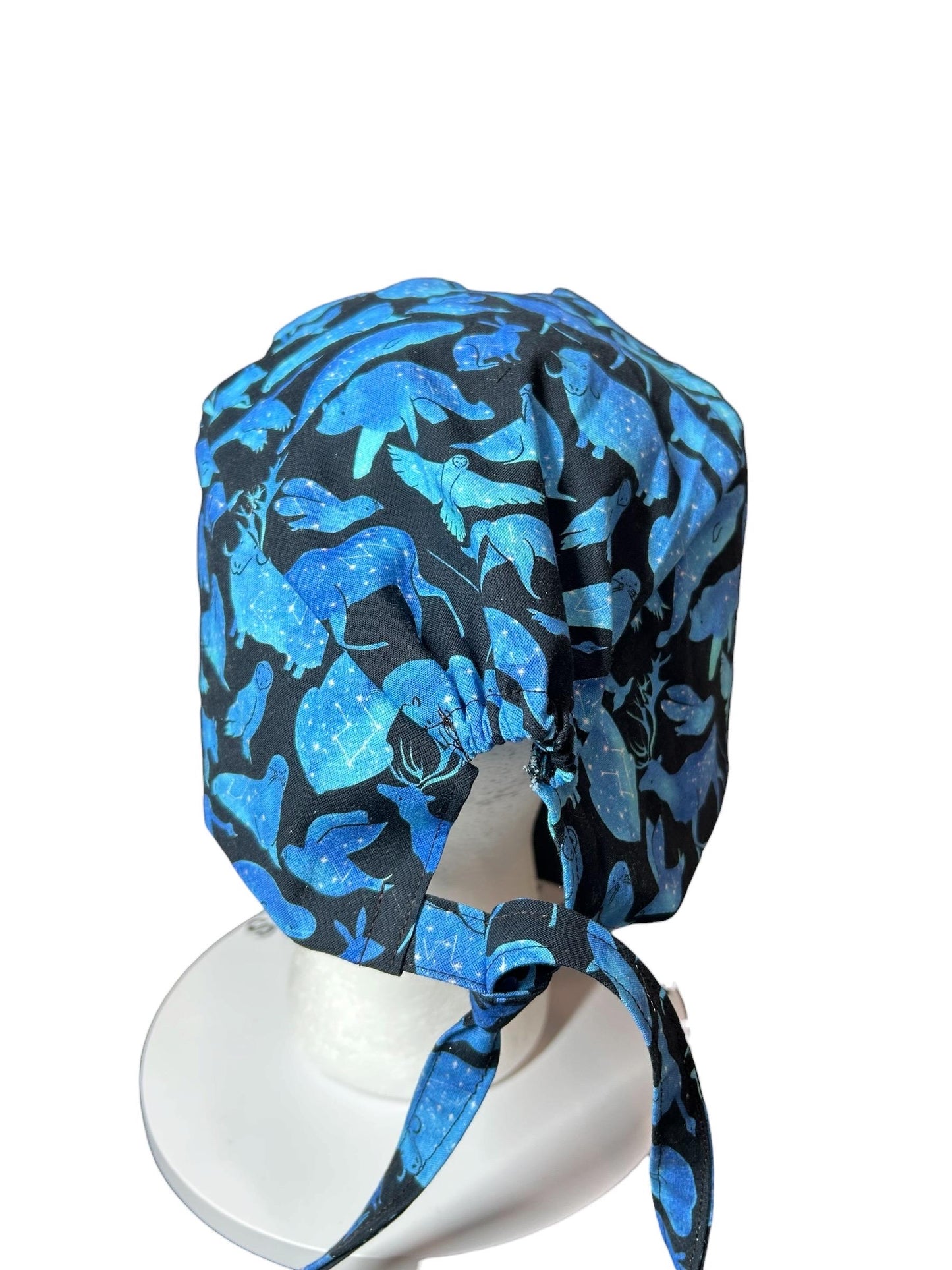 Men’s scrub cap: surgeon style with ties in Constellation Animal fabric
