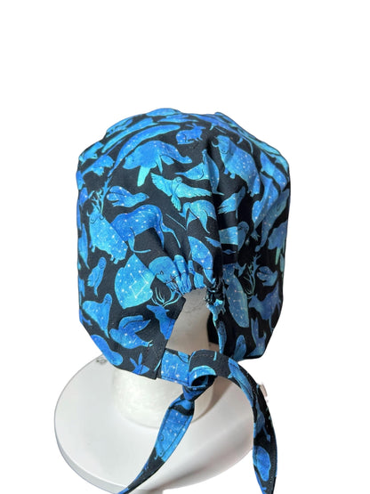 Men’s scrub cap: surgeon style with ties in Constellation Animal fabric