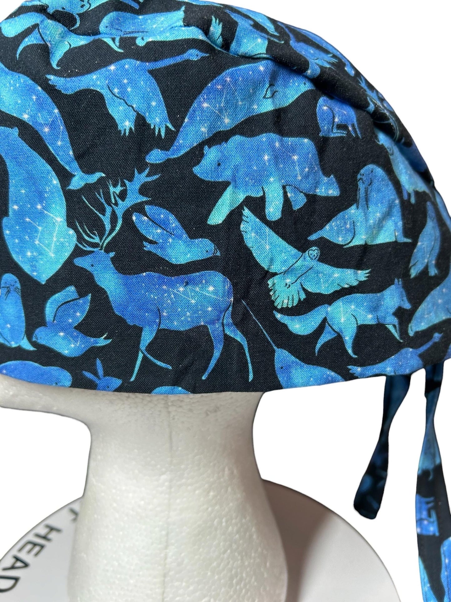 Men’s scrub cap: surgeon style with ties in Constellation Animal fabric
