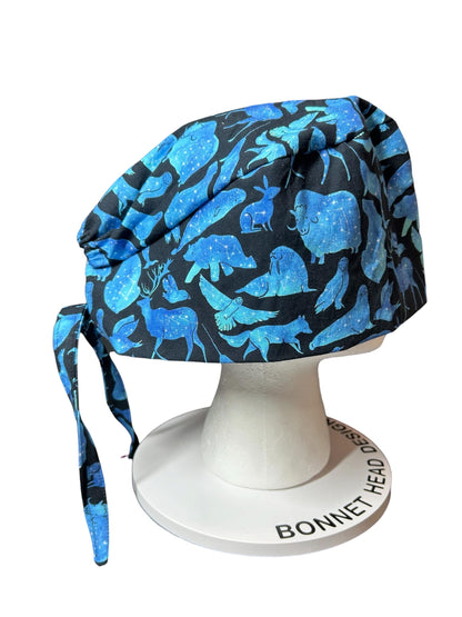 Men’s scrub cap: surgeon style with ties in Constellation Animal fabric