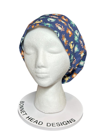 Euro scrub cap with elastic and toggle|summer crab print fabric
