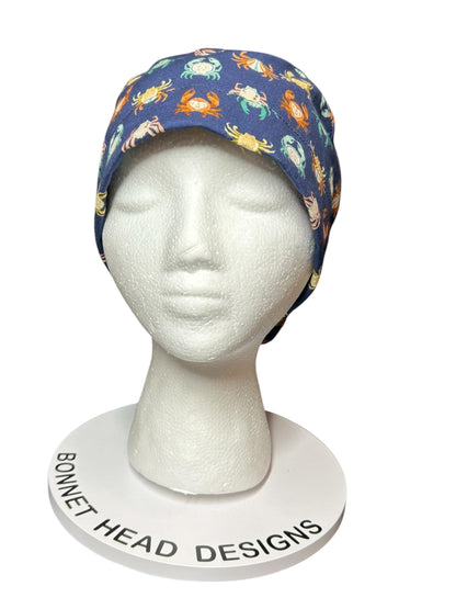 Women’s ponytail scrub cap| Summer crab print with optional satin lining
