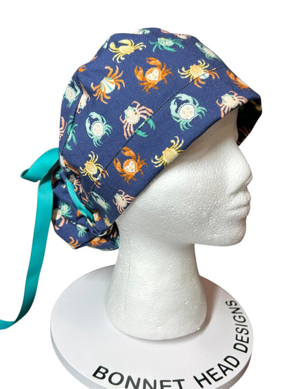Women’s ponytail scrub cap| Summer crab print with optional satin lining
