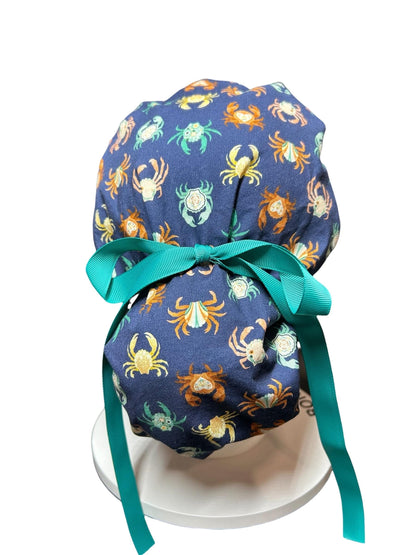 Women’s ponytail scrub cap| Summer crab print with optional satin lining