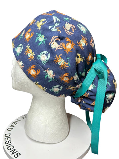 Women’s ponytail scrub cap| Summer crab print with optional satin lining