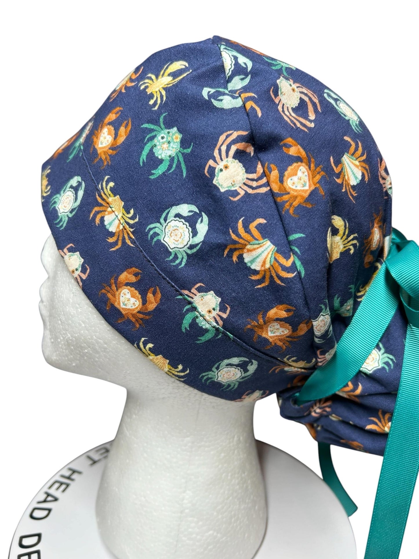Women’s ponytail scrub cap| Summer crab print with optional satin lining