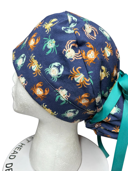 Women’s ponytail scrub cap| Summer crab print with optional satin lining