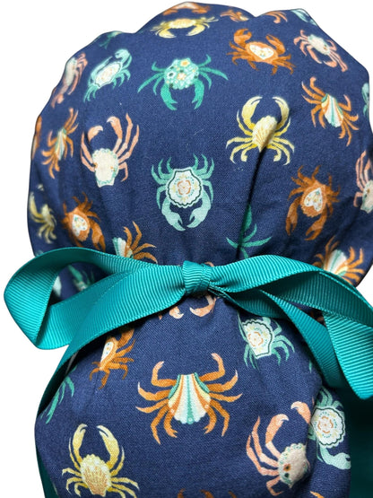 Women’s ponytail scrub cap| Summer crab print with optional satin lining