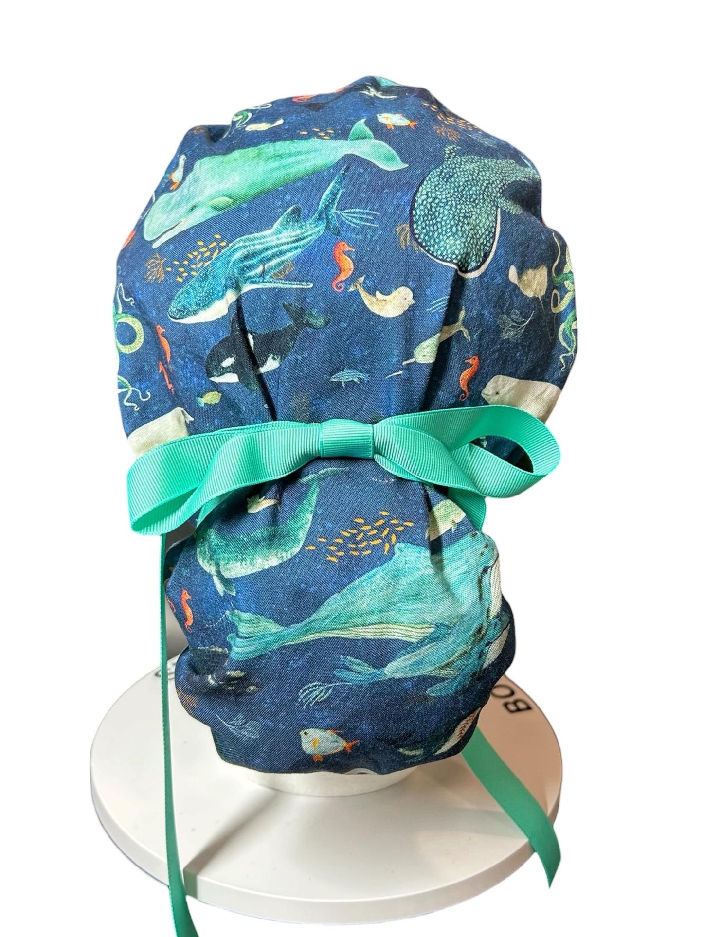 Whale Shark Ponytail Scrub Cap: Nurse hat with ribbon ties and optional satin lining