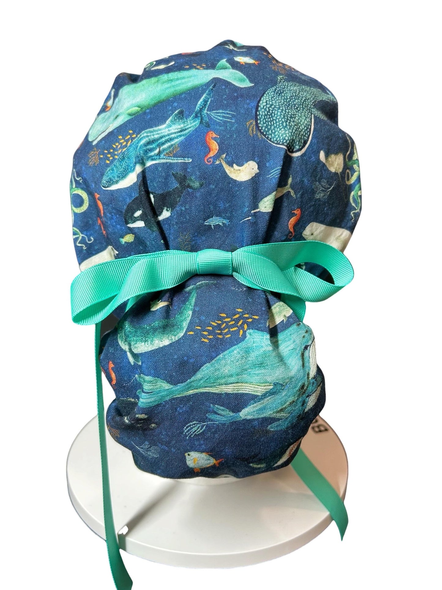 Whale Shark Ponytail Scrub Cap: Nurse hat with ribbon ties and optional satin lining