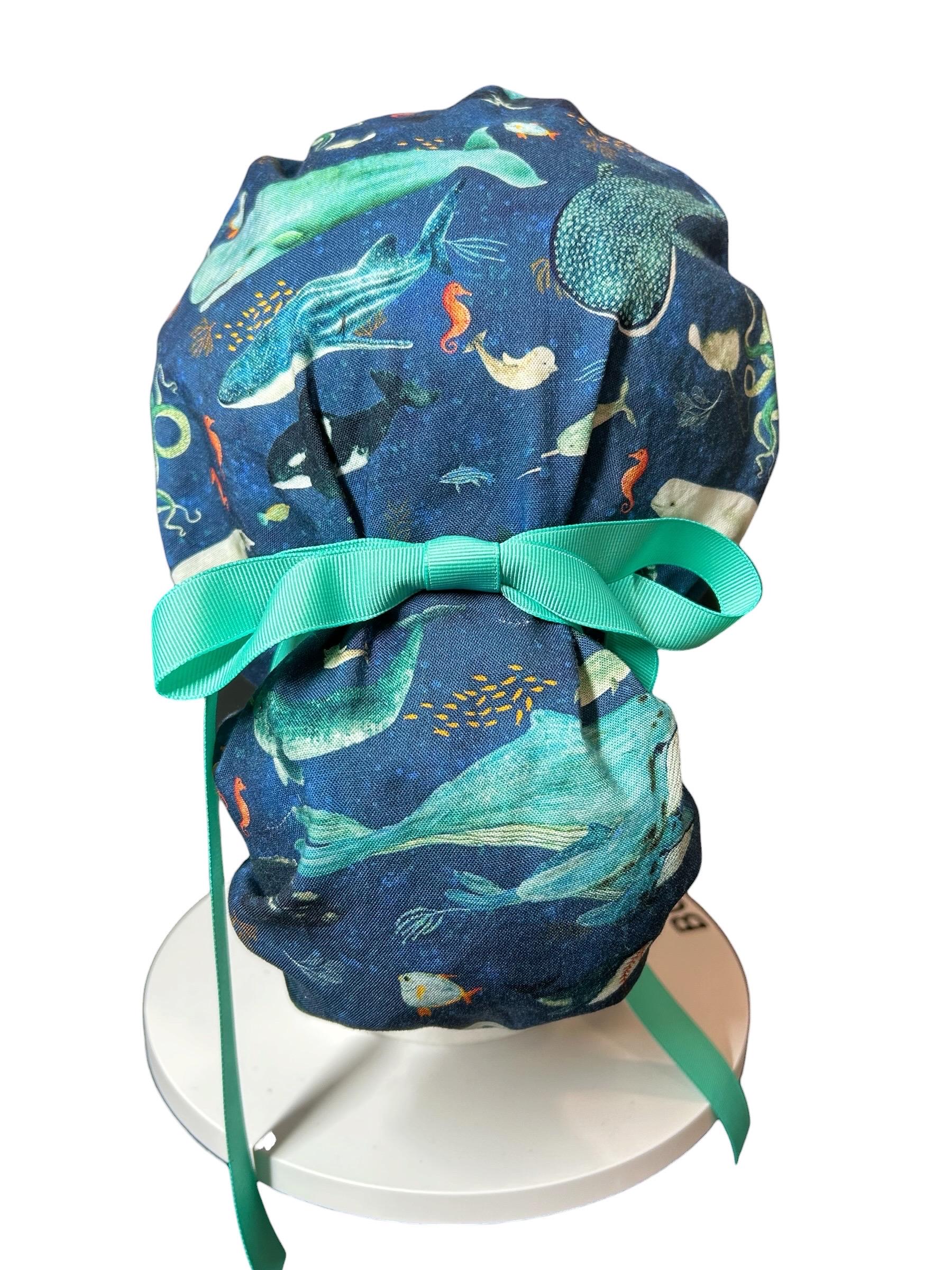 Whale Shark Ponytail Scrub Cap: Nurse hat with ribbon ties and optional satin lining