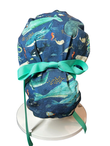 Whale Shark Ponytail Scrub Cap: Nurse hat with ribbon ties and optional satin lining