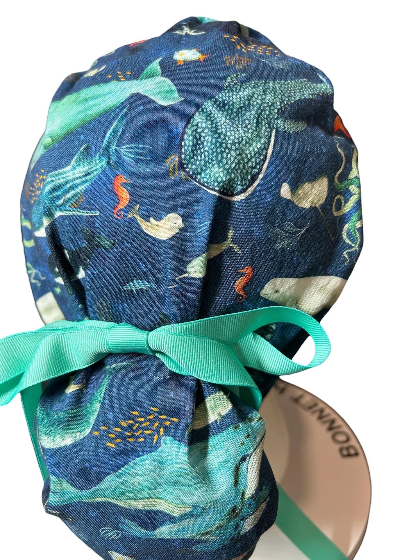Whale Shark Ponytail Scrub Cap: Nurse hat with ribbon ties and optional satin lining