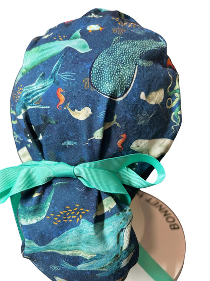 Whale Shark Ponytail Scrub Cap: Nurse hat with ribbon ties and optional satin lining