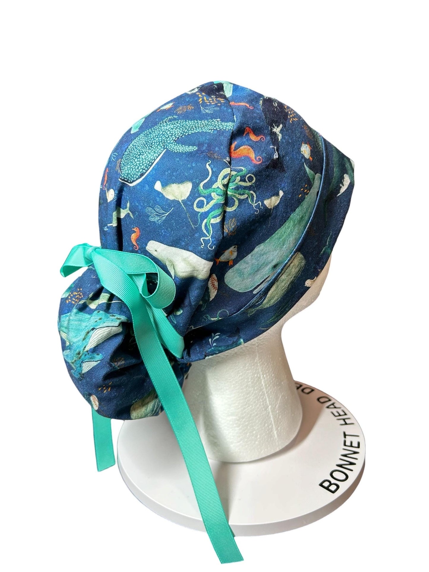 Whale Shark Ponytail Scrub Cap: Nurse hat with ribbon ties and optional satin lining