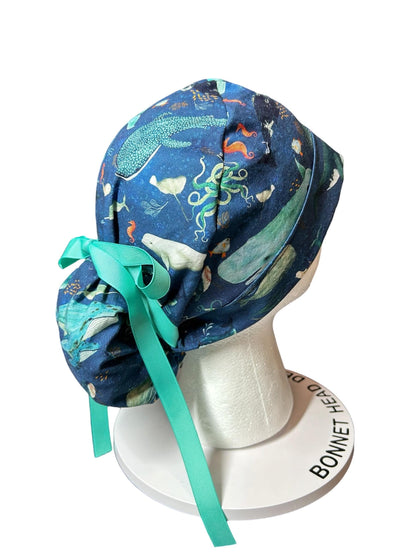 Whale Shark Ponytail Scrub Cap: Nurse hat with ribbon ties and optional satin lining