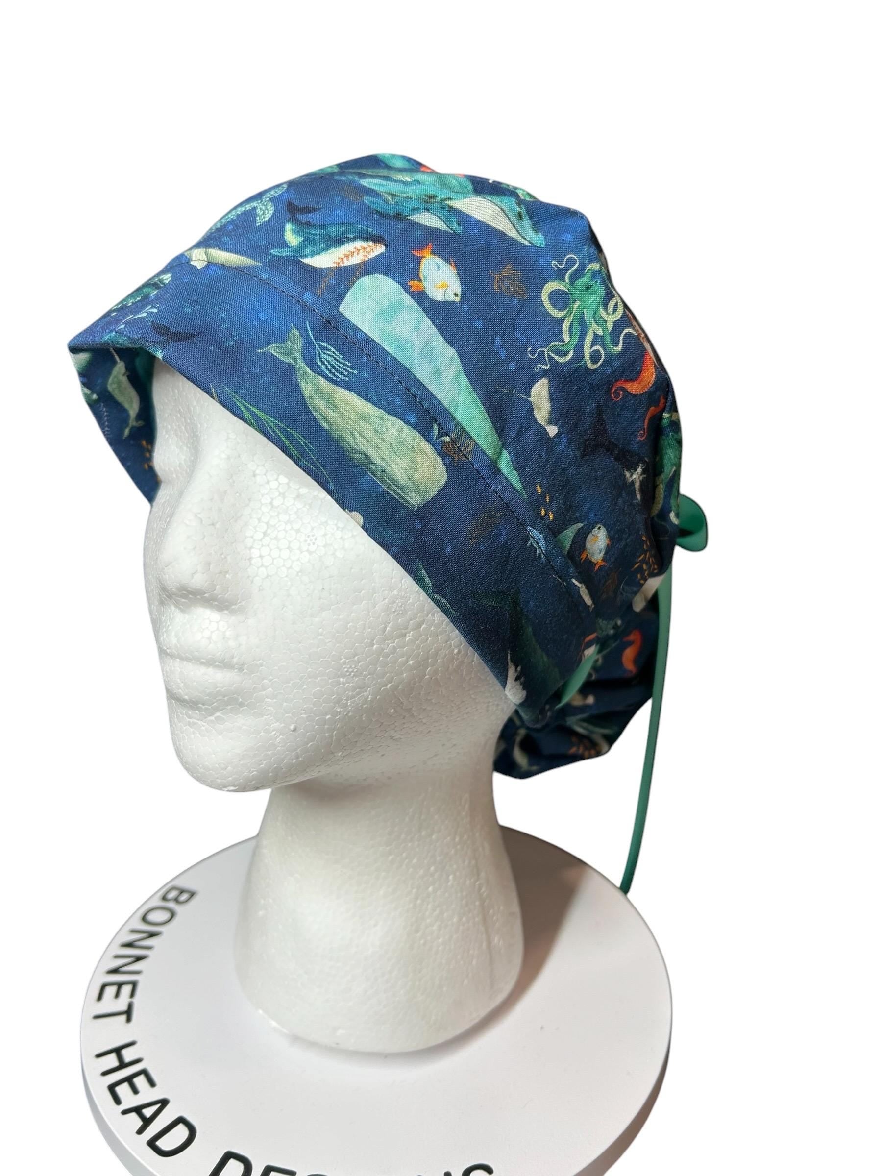 Whale Shark Ponytail Scrub Cap: Nurse hat with ribbon ties and optional satin lining