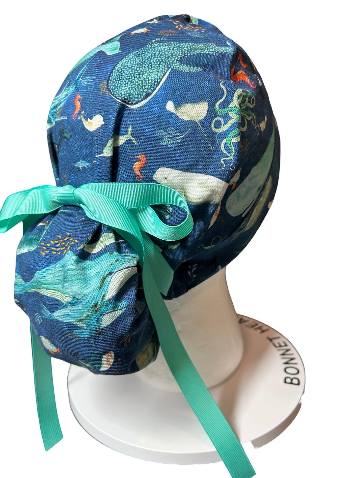 Whale Shark Ponytail Scrub Cap: Nurse hat with ribbon ties and optional satin lining