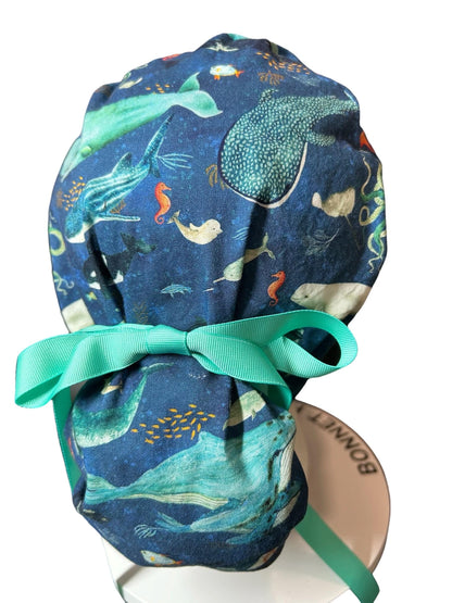 Whale Shark Ponytail Scrub Cap: Nurse hat with ribbon ties and optional satin lining
