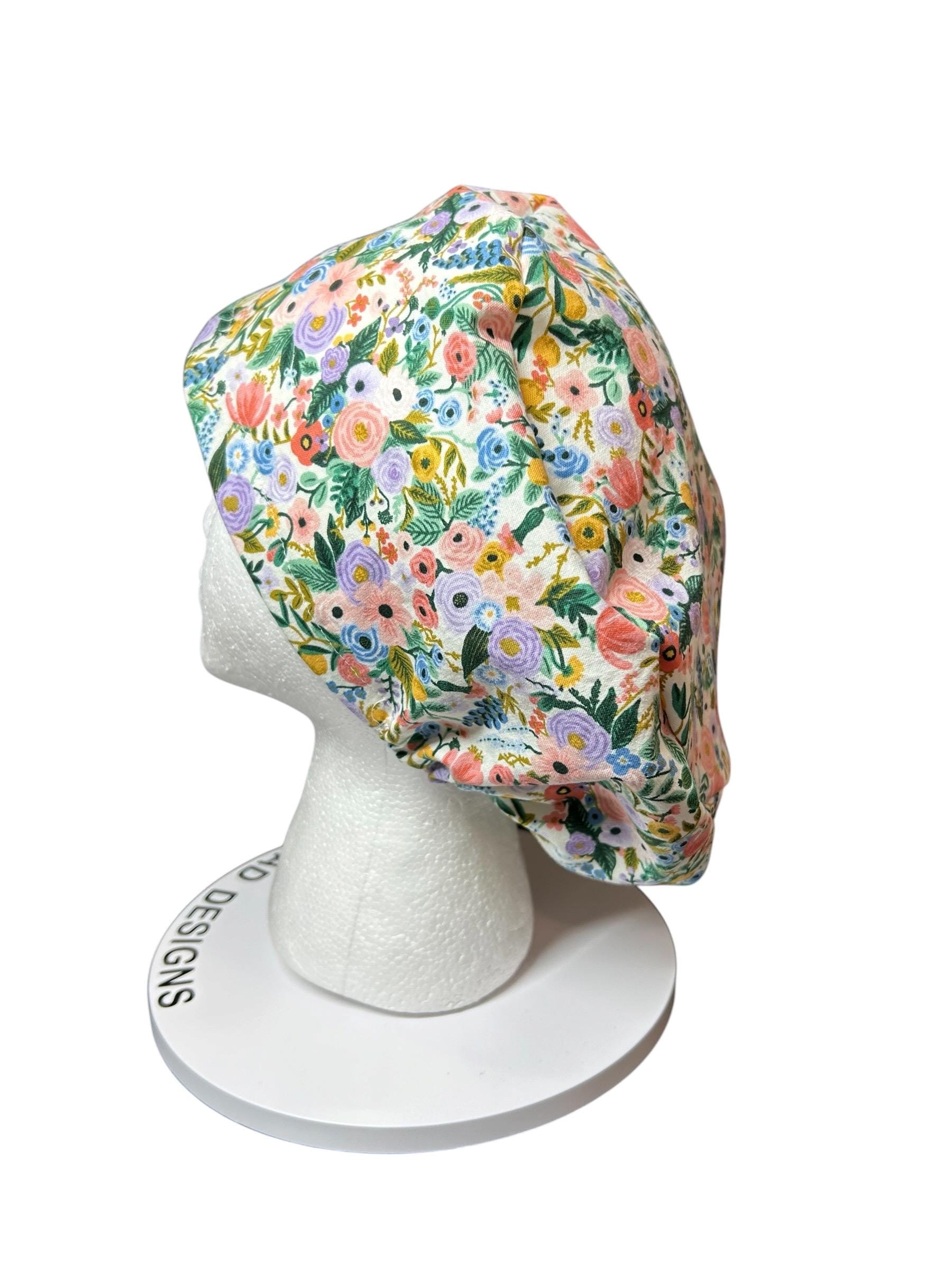 Euro scrub cap in Rifle Paper Co garden party fabric, adjustable toggle scrub hat