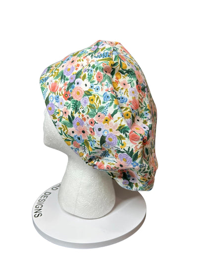 Euro scrub cap in Rifle Paper Co garden party fabric, adjustable toggle scrub hat