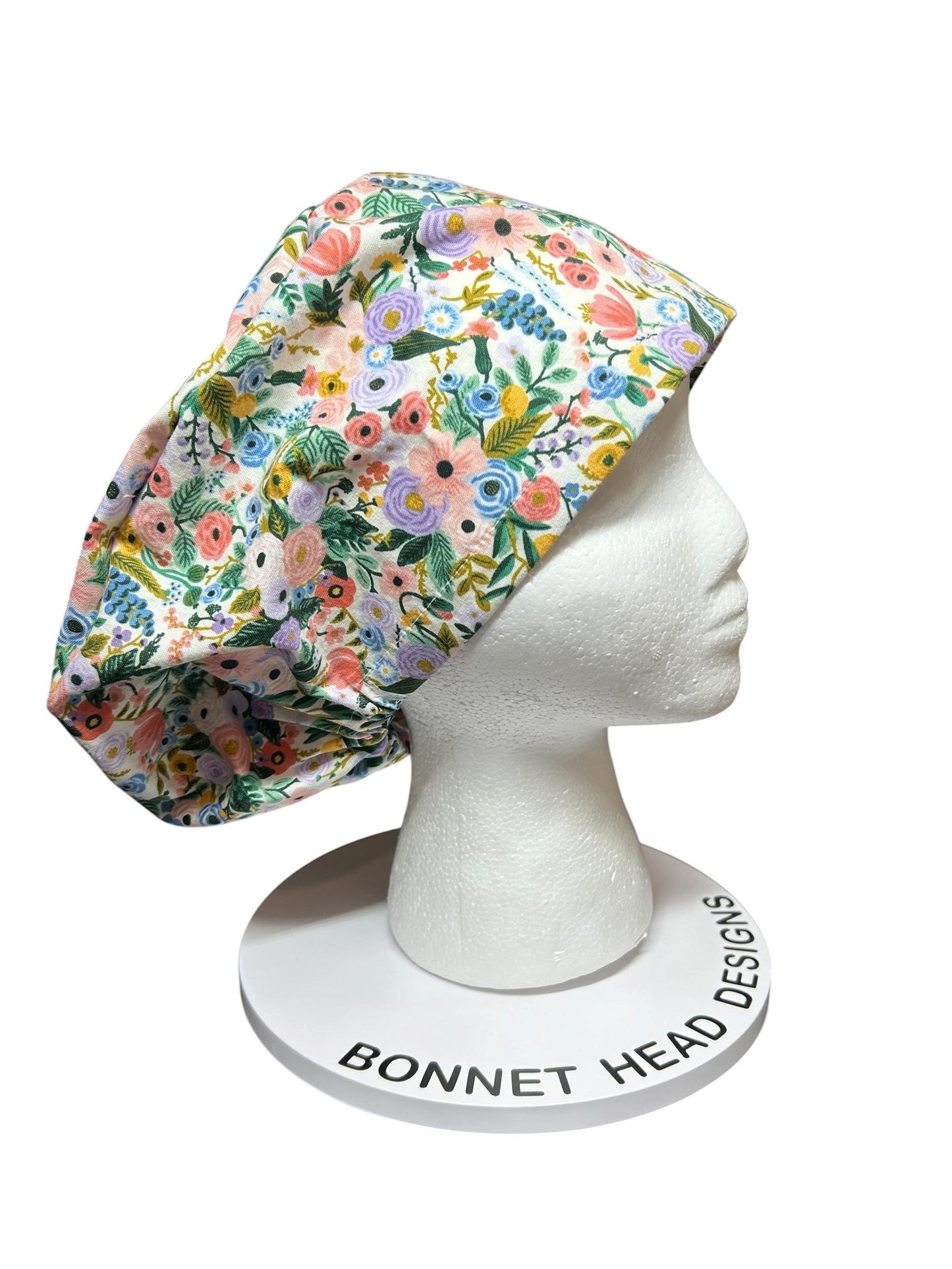 Euro scrub cap in Rifle Paper Co garden party fabric, adjustable toggle scrub hat