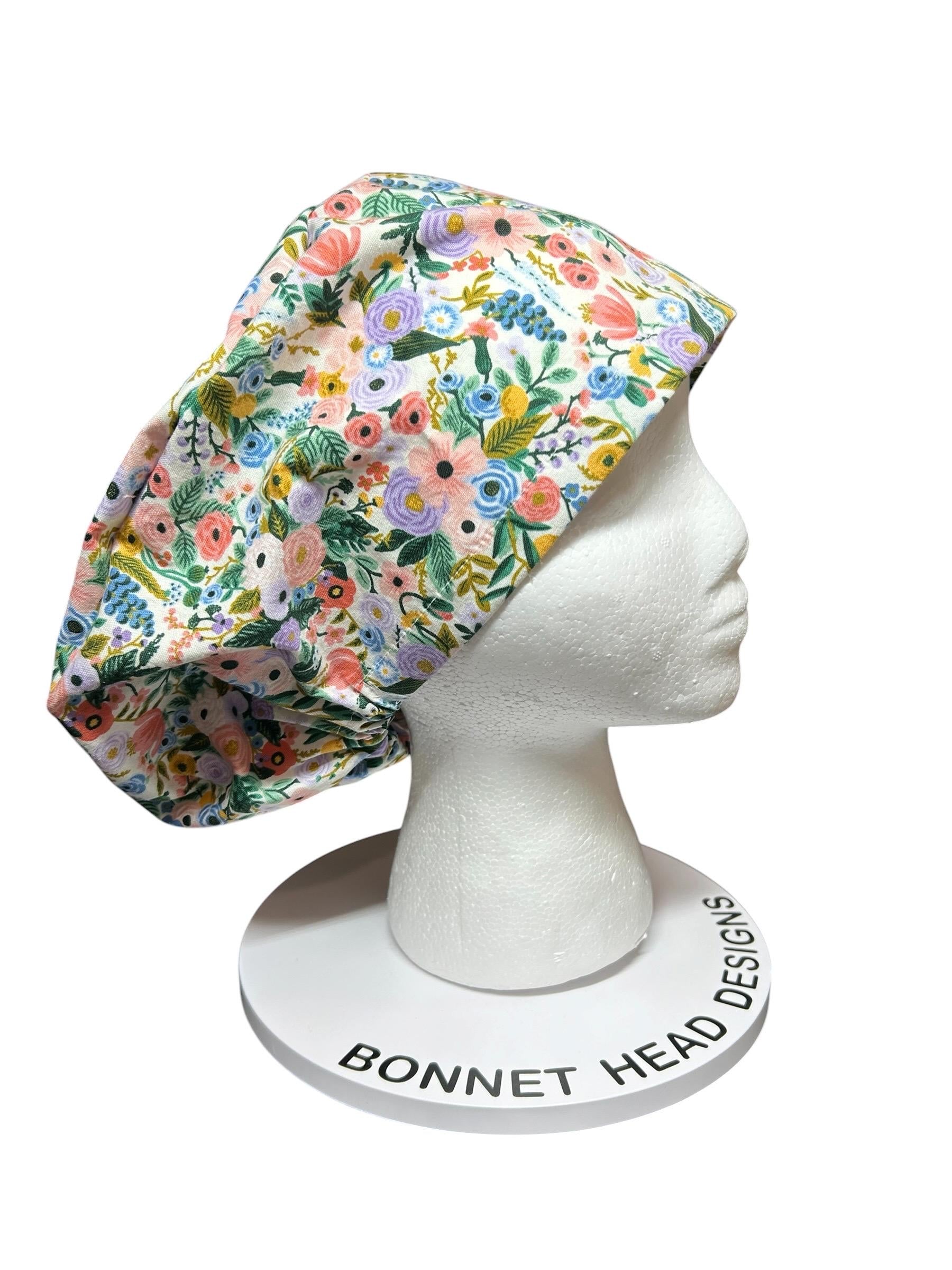 Euro scrub cap in Rifle Paper Co garden party fabric, adjustable toggle scrub hat