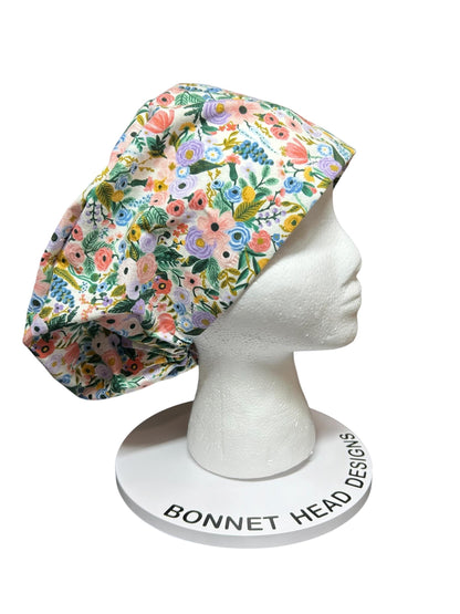 Euro scrub cap in Rifle Paper Co garden party fabric, adjustable toggle scrub hat