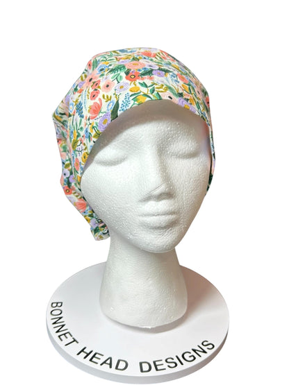 Euro scrub cap in Rifle Paper Co garden party fabric, adjustable toggle scrub hat
