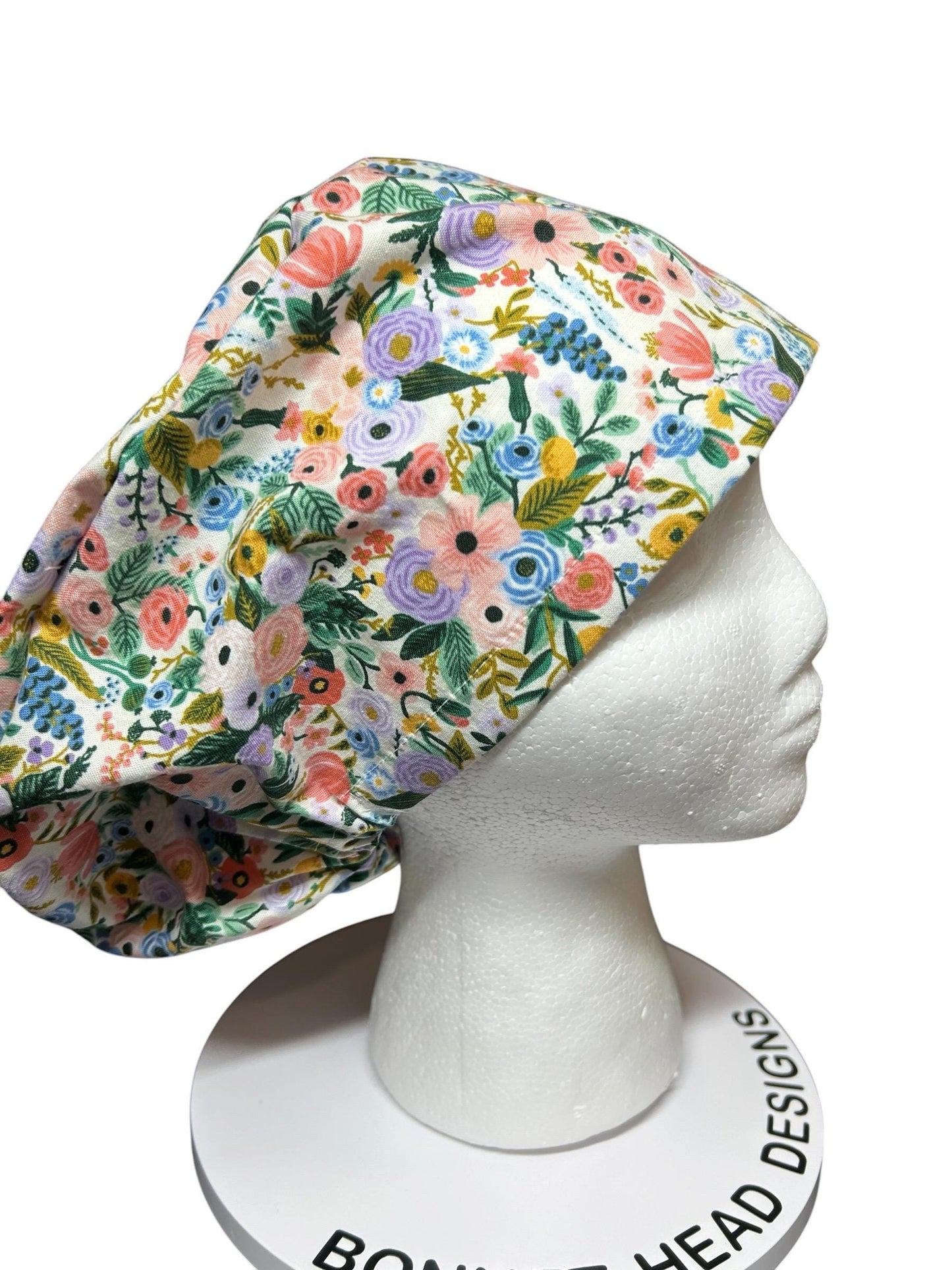 Euro scrub cap in Rifle Paper Co garden party fabric, adjustable toggle scrub hat