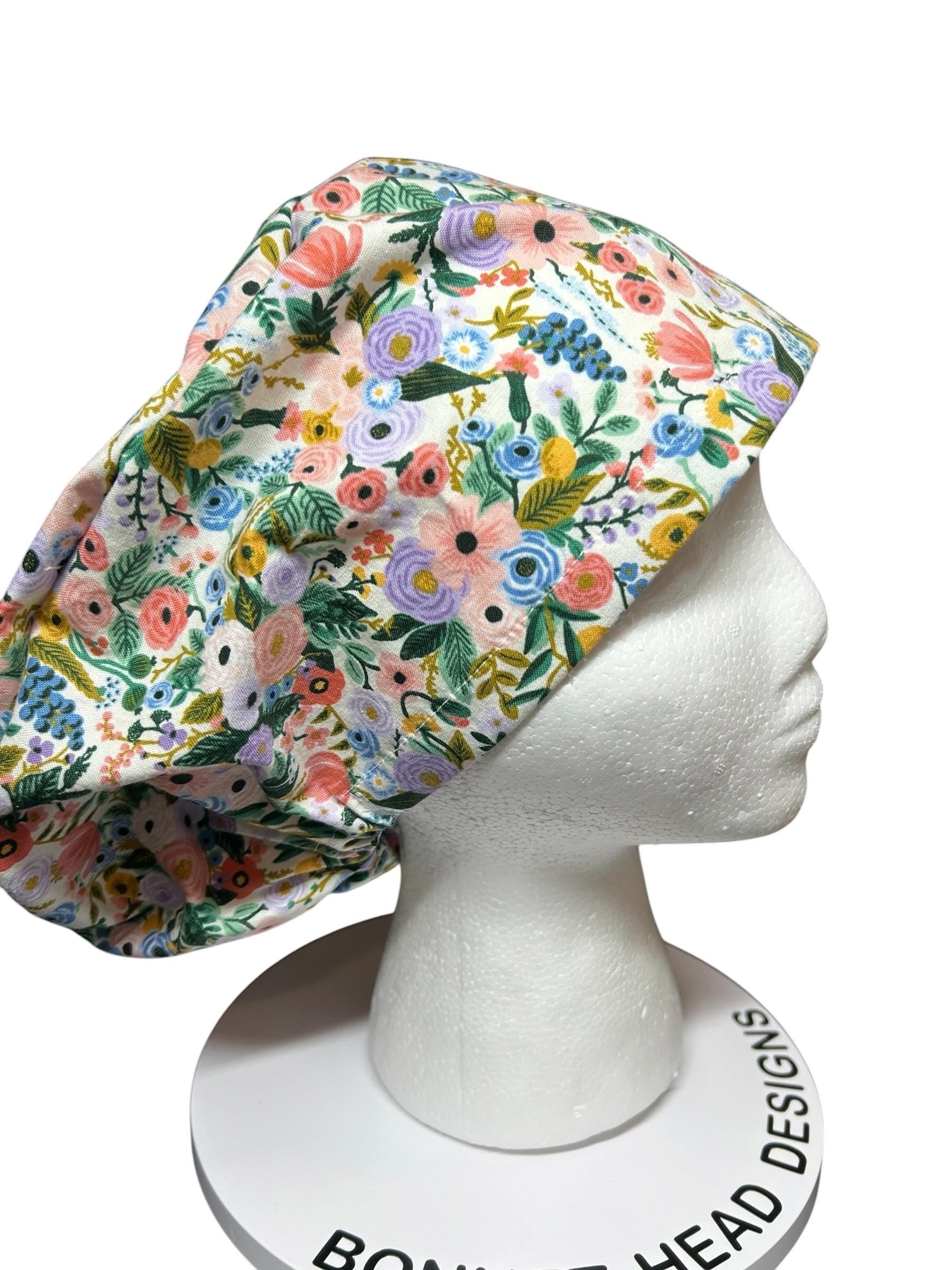 Euro scrub cap in Rifle Paper Co garden party fabric, adjustable toggle scrub hat