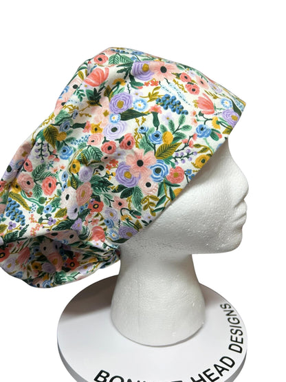 Euro scrub cap in Rifle Paper Co garden party fabric, adjustable toggle scrub hat