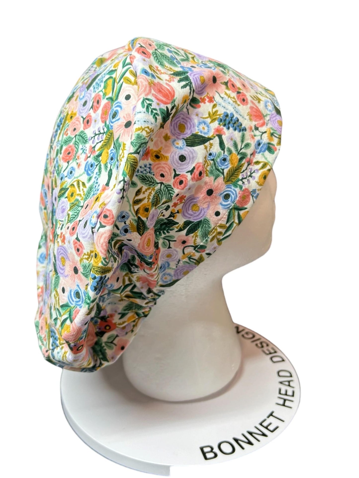 Euro scrub cap in Rifle Paper Co garden party fabric, adjustable toggle scrub hat