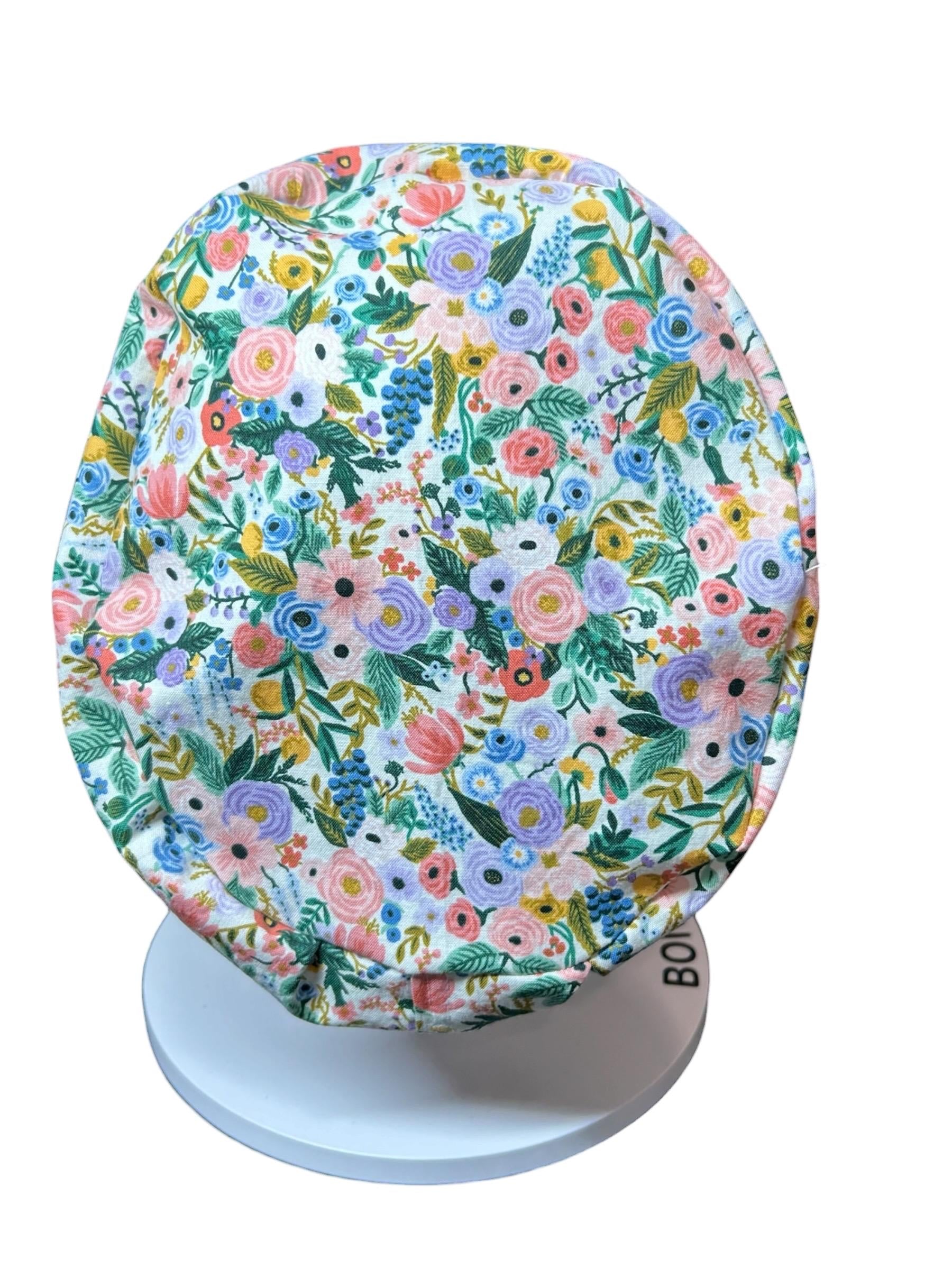 Euro scrub cap in Rifle Paper Co garden party fabric, adjustable toggle scrub hat