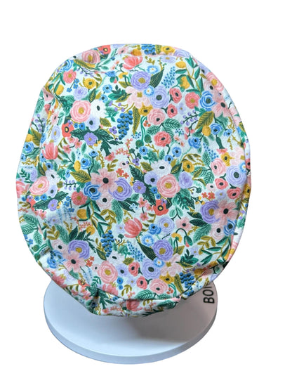 Euro scrub cap in Rifle Paper Co garden party fabric, adjustable toggle scrub hat