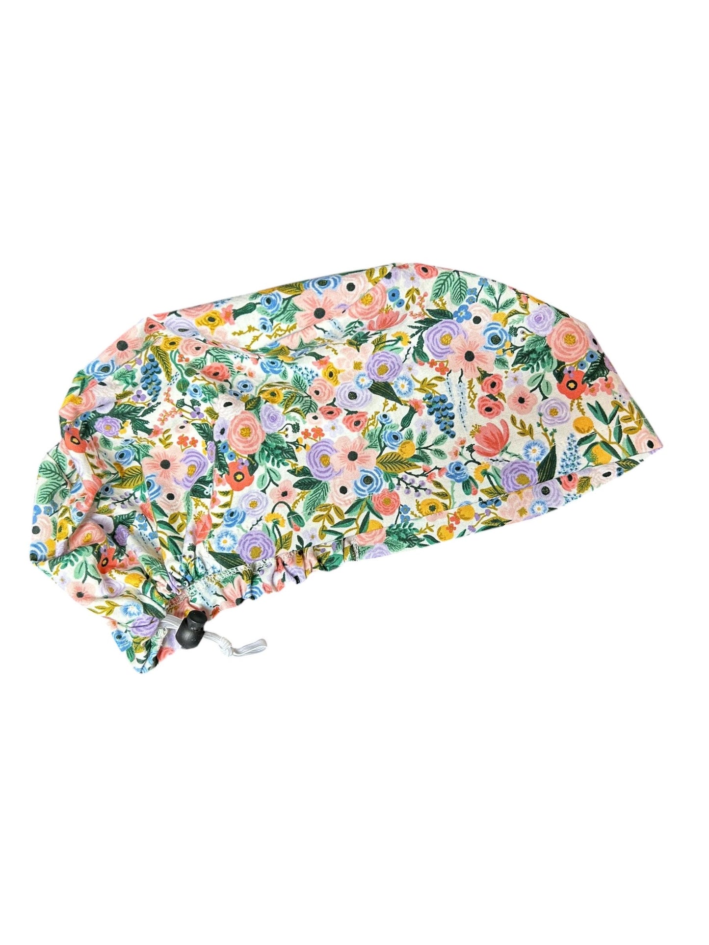 Euro scrub cap in Rifle Paper Co garden party fabric, adjustable toggle scrub hat