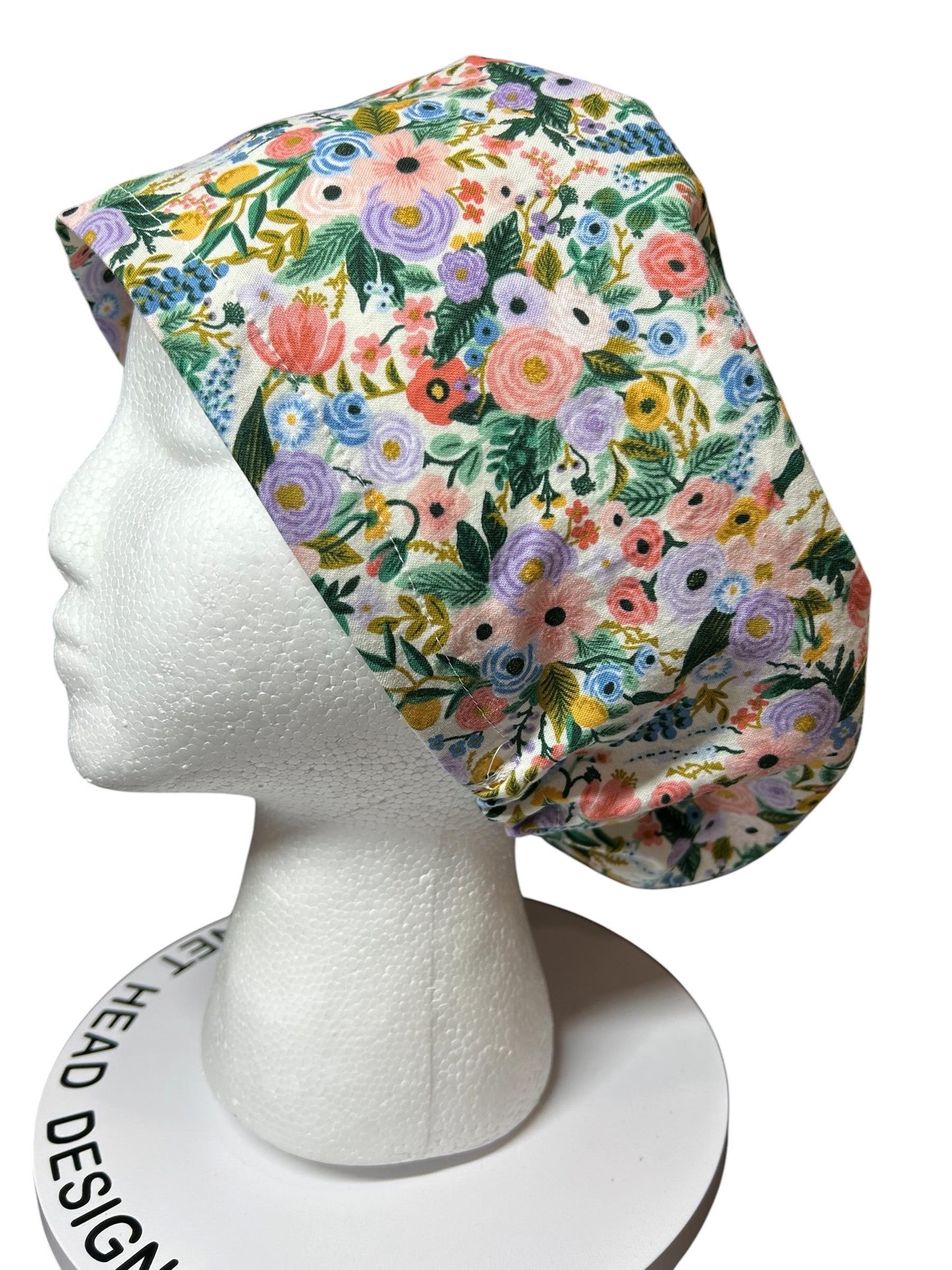 Euro scrub cap in Rifle Paper Co garden party fabric, adjustable toggle scrub hat