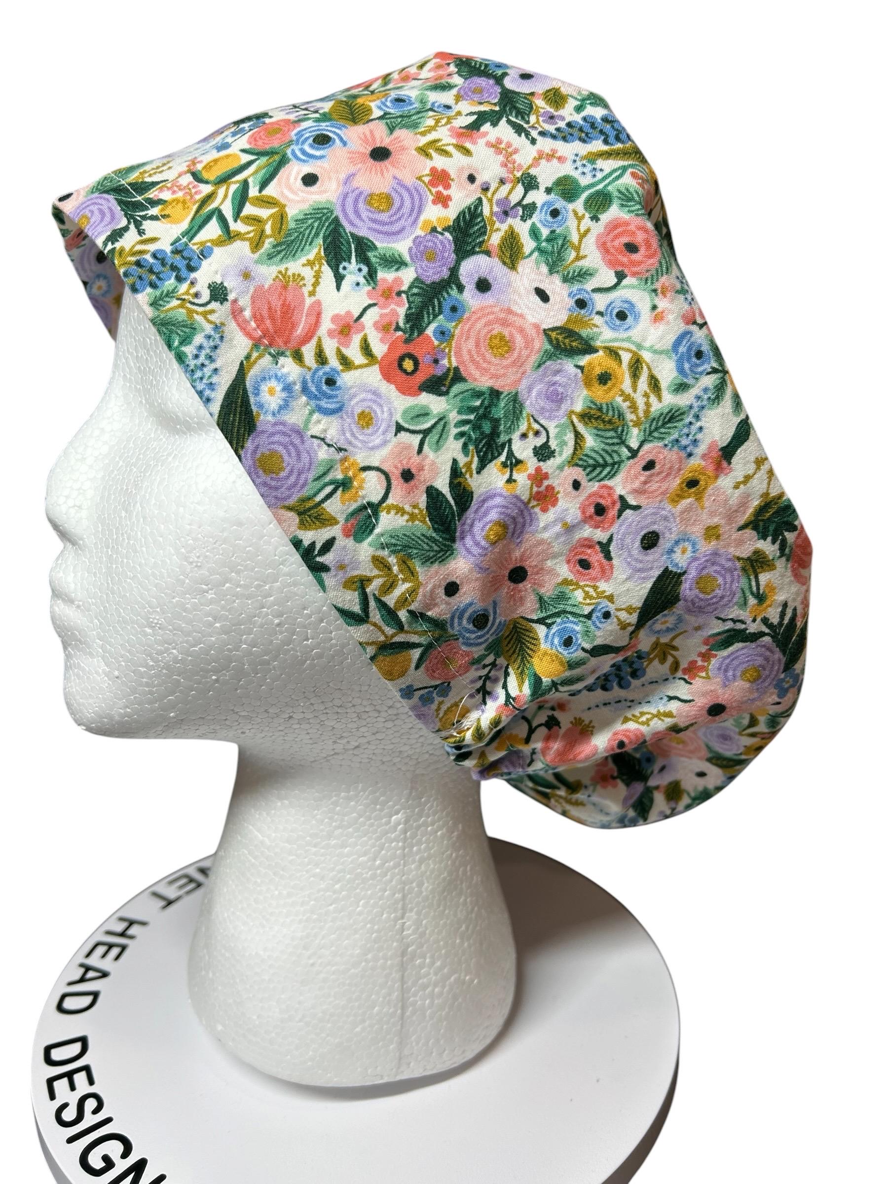 Euro scrub cap in Rifle Paper Co garden party fabric, adjustable toggle scrub hat